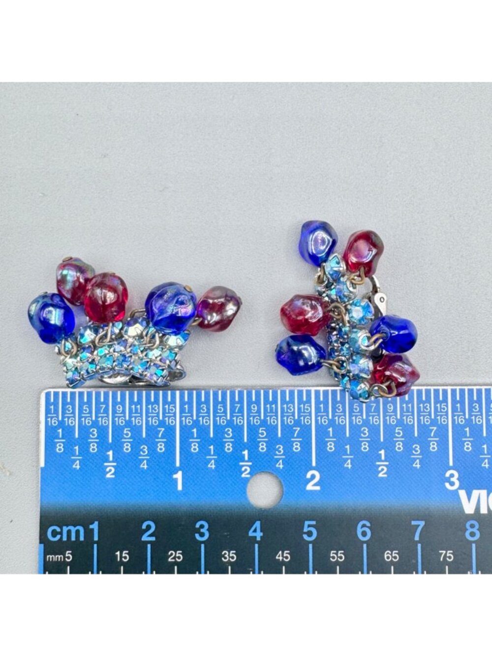 Vintage Glass Cha Cha Bead Earrings Clip On AB Glass Rhinestone Prong Set 1.5" - Picture 8 of 9